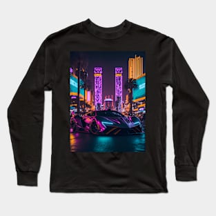 Dark Neon Sports Car in Beach Neon City Long Sleeve T-Shirt